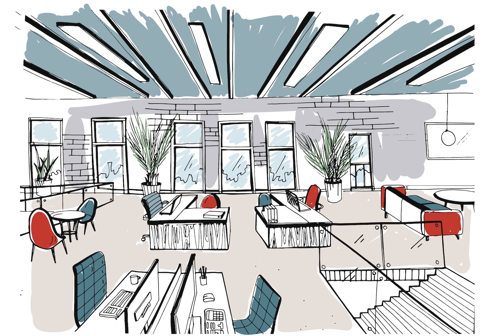 Hand Drawn Coworking Cluster Modern Office Interiors Open